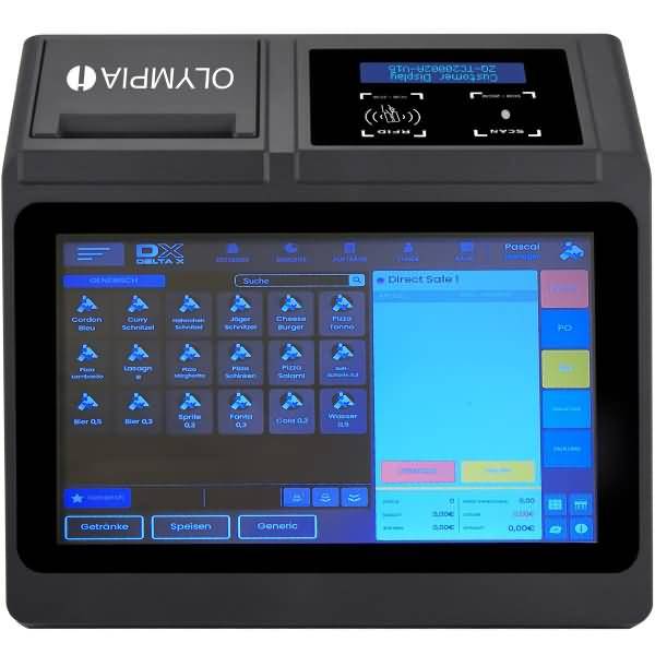 OLYMPIA Verkaufsstellen-Touchscreen mit einem Getränkemenü-Raster und einem leeren 'Direktverkauf'-Bestellfeld für ein Kassensystem.