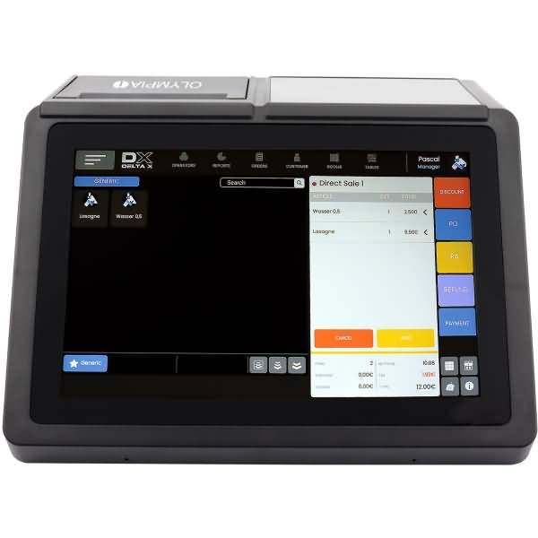 Verkaufsschalter-Touchscreen-Terminal mit einer Verkaufsschnittstelle, die eine Artikelliste, eine Suchleiste und Zahlungsoptionen anzeigt.