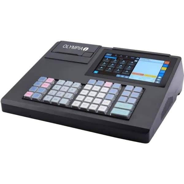 Olympia Elektronische Registrierkasse mit Tastatur und Touchscreen-Display auf weißem Hintergrund.