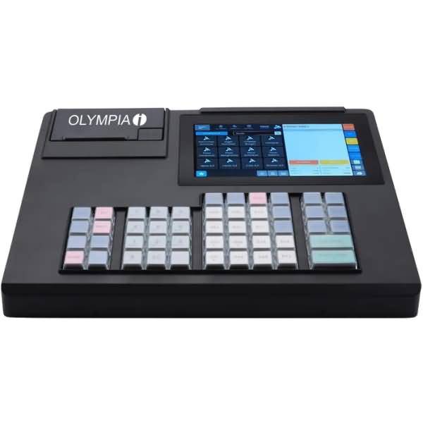 Black Olympia Kassenregister/POS-Terminal mit Touchscreen-Display und Tastatur auf weißem Hintergrund.
