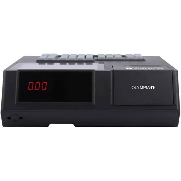 Elektronische Kasse Black Olympia mit rotem digitalen Display, das 0.00 anzeigt, und Tastatur oben