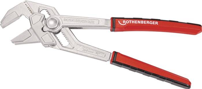 Rothenberger-Verstellzange mit roten Griffen auf weißem Hintergrund, die Metalljahre und ergonomische Griffe zeigt.