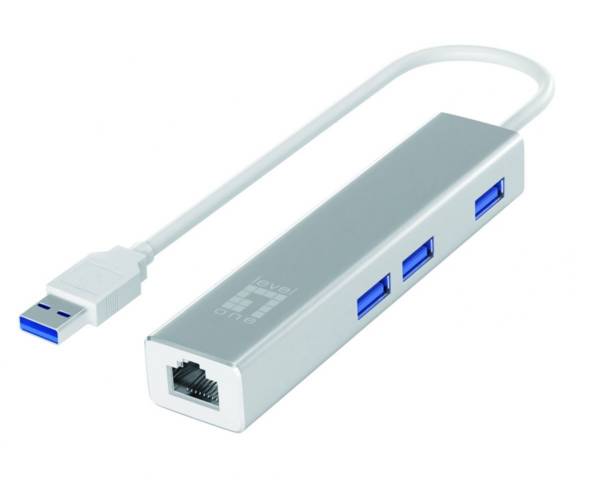 Ein silberner USB-Hub mit drei USB-Anschlüssen und einem Ethernet-Anschluss, verbunden durch ein Kabel.