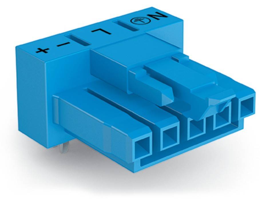 Ein blauer Elektro-Anschlussblock mit drei Anschlusspunkten, beschriftet mit '+', '-' und 'N'.