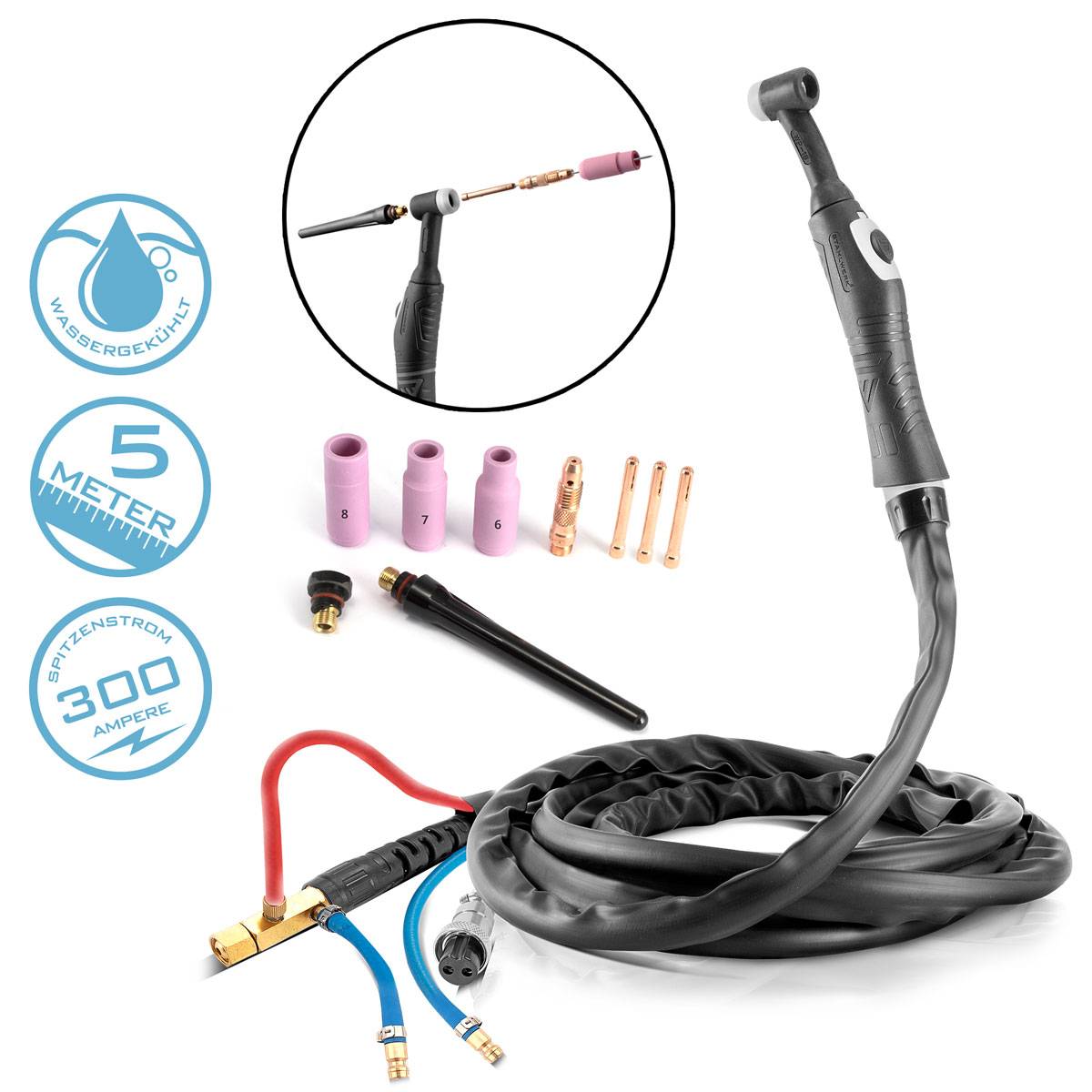 STAHLWERK Schweißbrenner WIG WP18 SR18 bis 300 A wassergekühlt 5 m Schlauchpaket