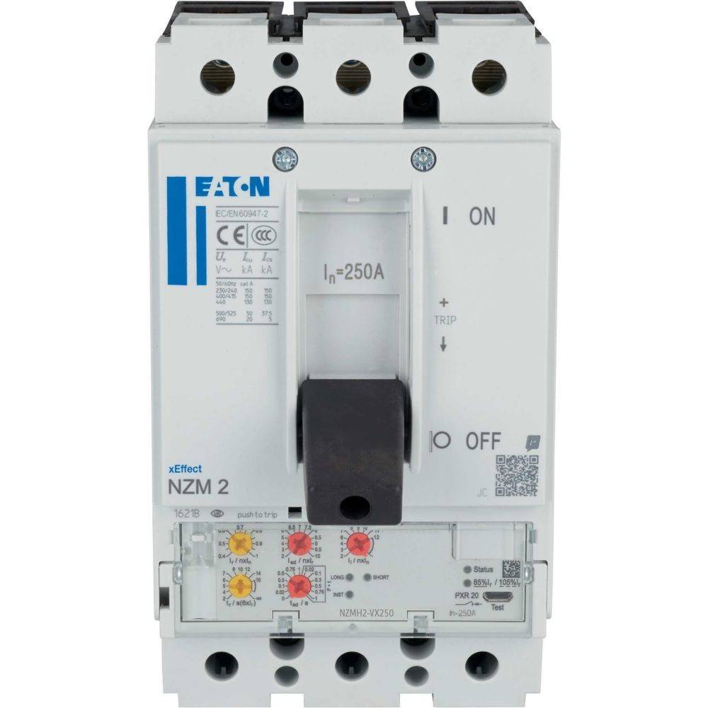 Ein 250A Eaton Leistungsschalter, Serie NZM 2, in Frontansicht dargestellt. Das Gerät verfügt über Ein-/Aus-Anzeigen und Steuerungsschalter.