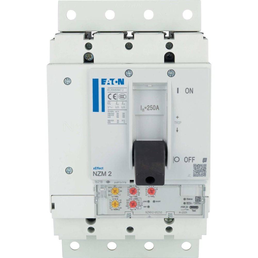 Leistungsschalter mit Eaton NZM 2-Beschriftung, ausgelegt für 250A, mit Aus-/Ein-Umschalter und Statusanzeige-Leuchten zur Überwachung.