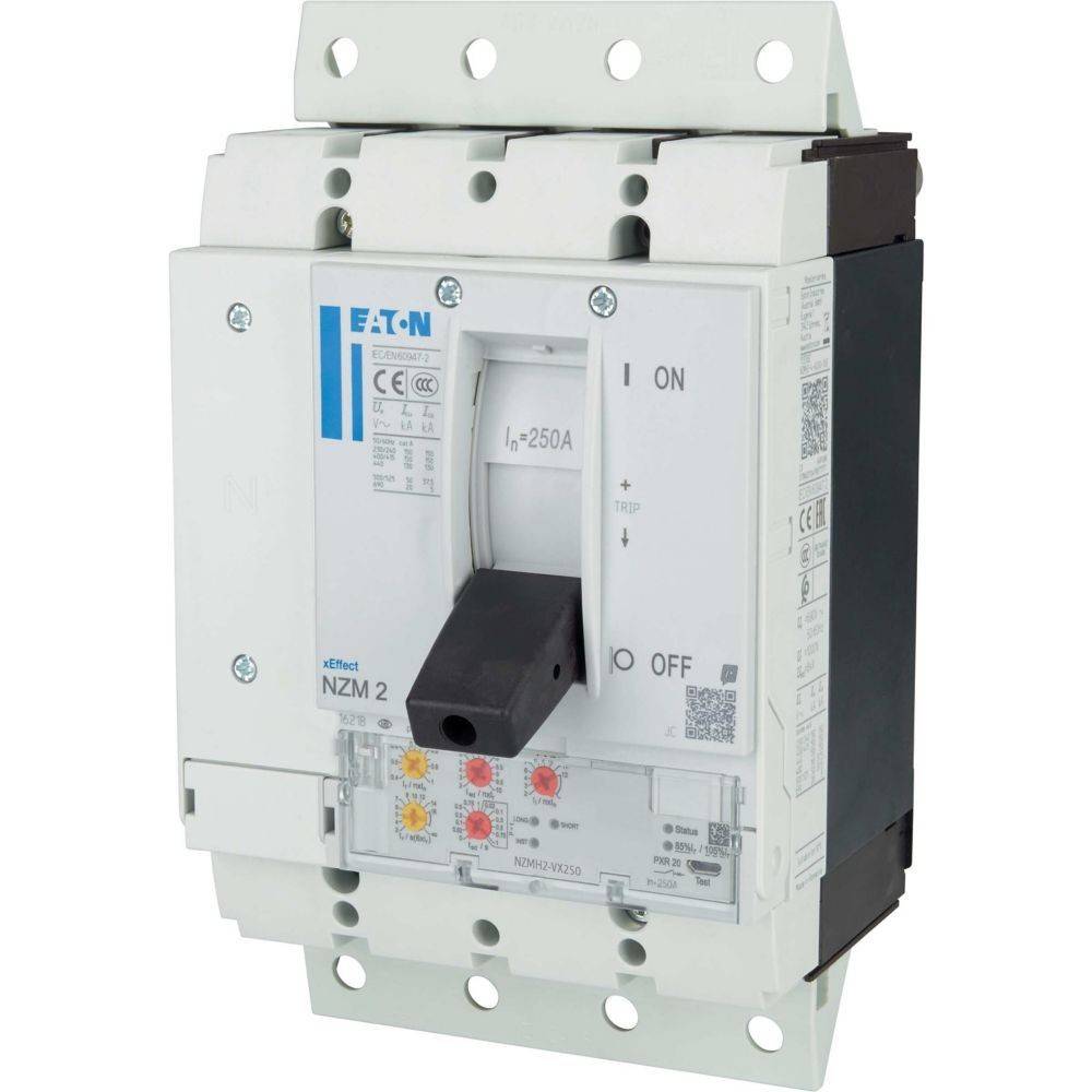 Eaton NZM 2 Leistungsschalter, mit 250A Nennstrom, mit einem Kippschalter, der die Positionen Ein und Aus zeigt, sowie farbigen Kontrollleuchten darunter.