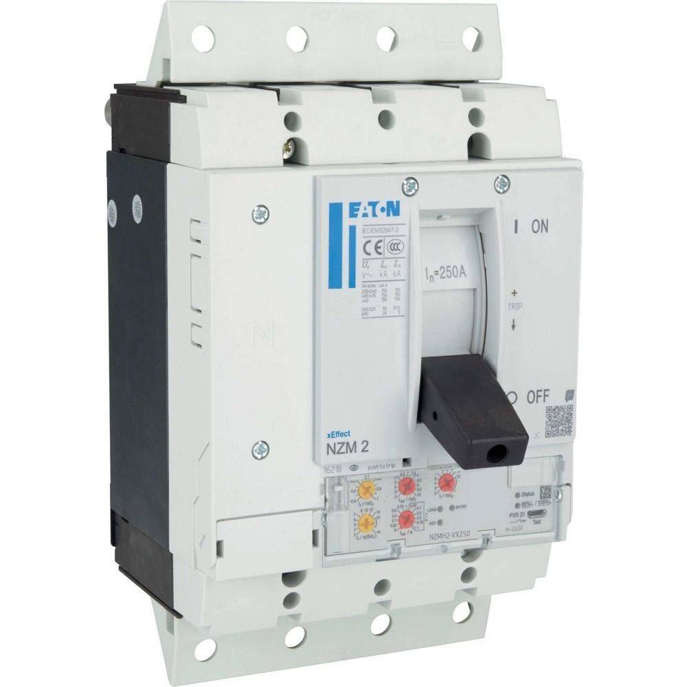 Eaton NZM 2 Leistungsschalter mit einer Nennstromstärke von 250 A, mit Ein-/Aus-Schalterstellung und Stromspezifikationen auf der Frontplatte.