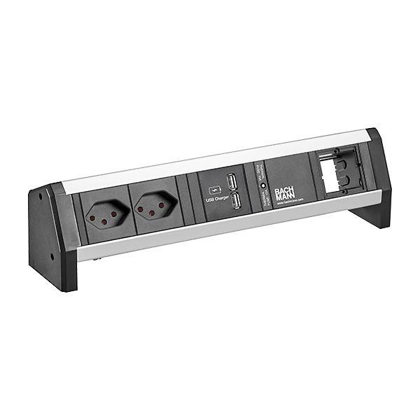 Steckdosenleiste mit USB-Ladeanschlüssen, zwei europäischen Steckdosen und Anschlüssen für Ethernet-Konnektivität, konzipiert für effizientes Arbeiten im Büro.