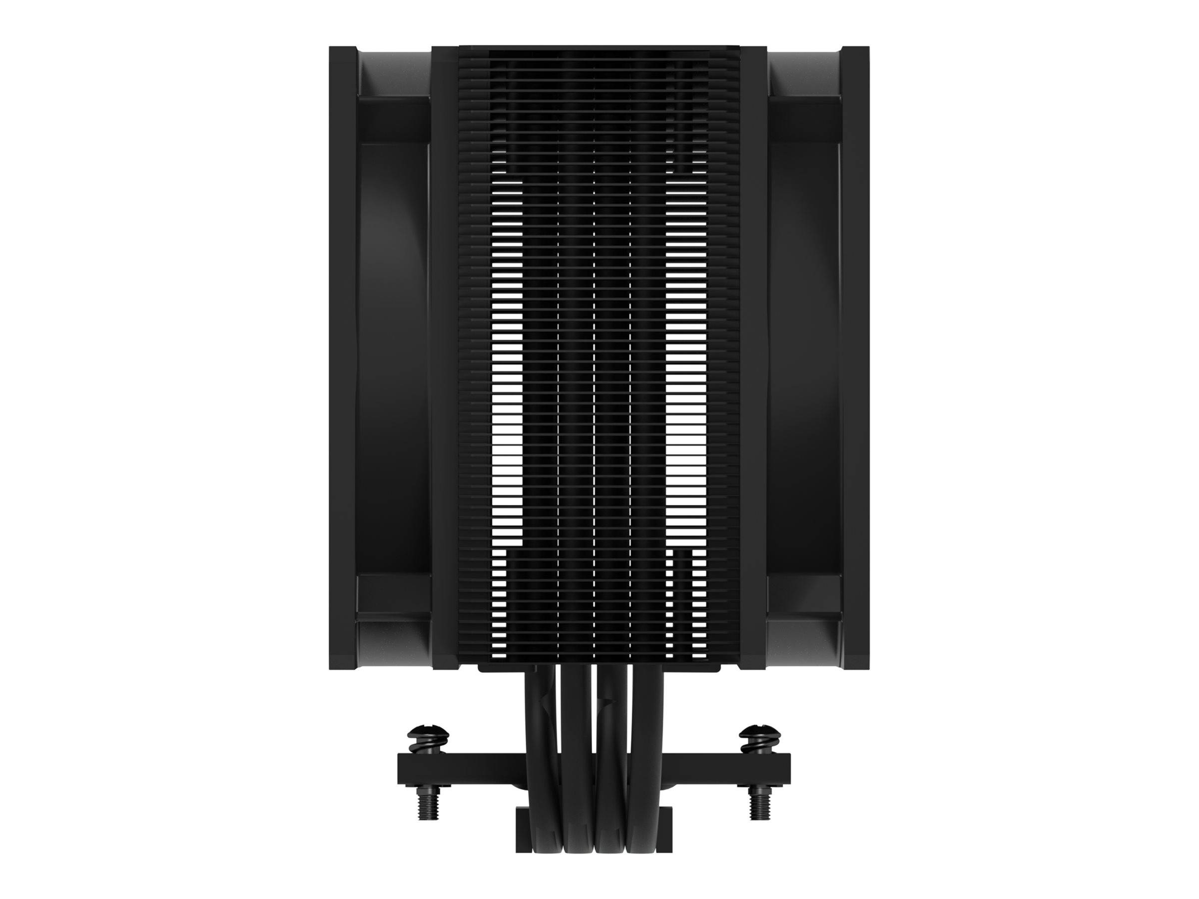 Schwarzer Tower-Style PC-Flüssigkühlungs-Radiator mit dualen Seitenlüftern und mitgelieferten Schläuchen vor weißem Hintergrund