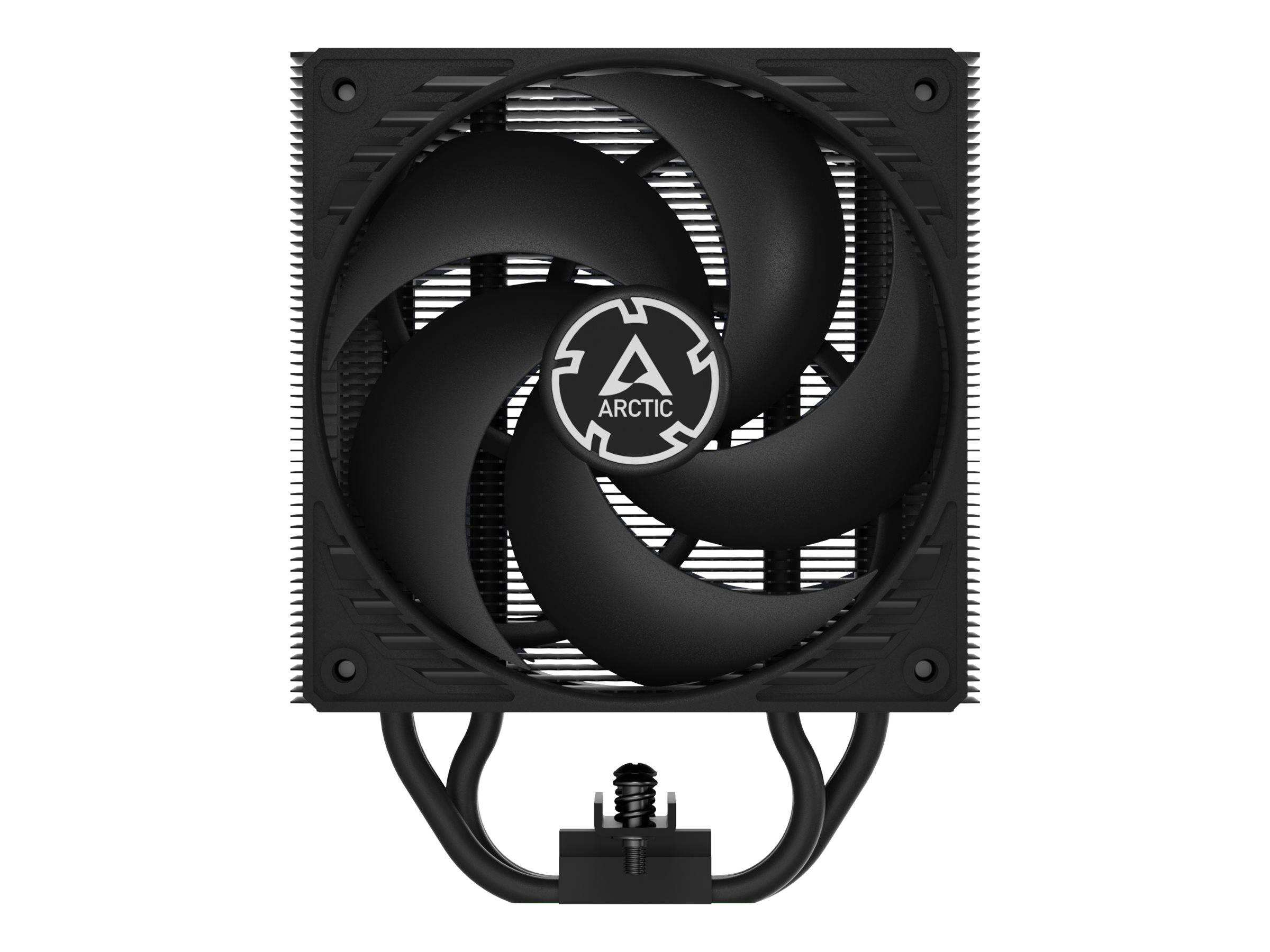 Schwarzer ARCTIC-Computerkühllüfter mit quadratischem Rahmen und zentralem Logo, frontal auf weißem Hintergrund dargestellt.