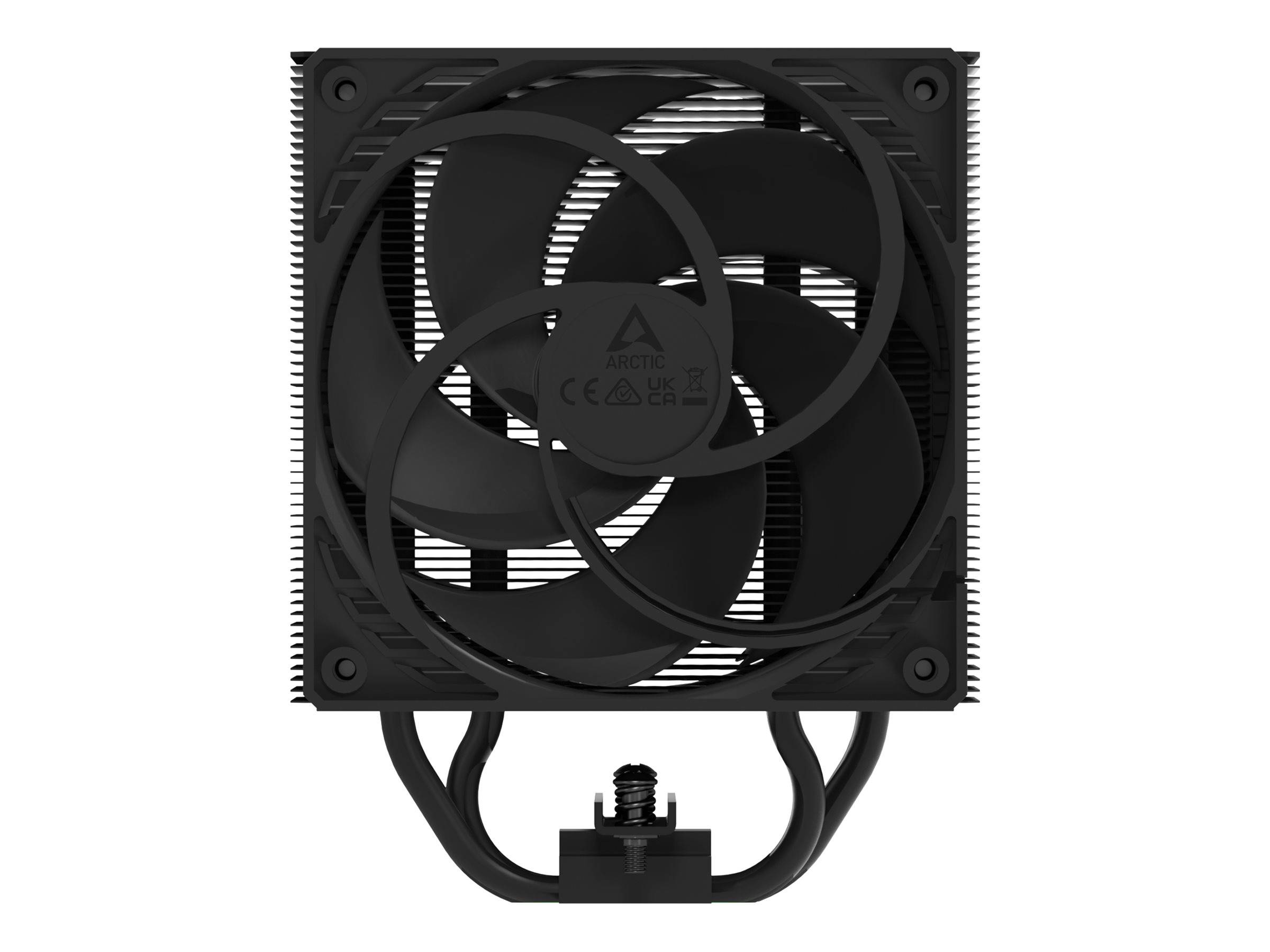 Schwarzer quadratischer CPU-Kühlungslüfter mit vier Blättern, montiert auf einem Kühlkörper mit sichtbarer Halterung und Kabeln.