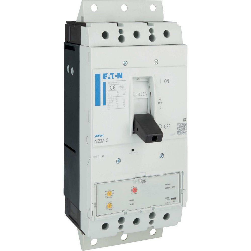 Leitungsschutzschalter mit beschrifteten Schalterpositionen. Marke: Eaton. Modell: NZM3. Bereich: 450 A. Verwendet für elektrischen Leitungsschutz.