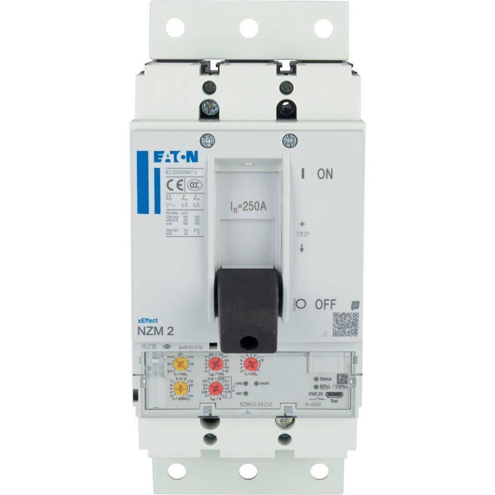 Eaton NZM 2 Leistungsschalter mit Hebel, Hauptschalter und verschiedenen technischen Beschriftungen. Bemessungsstrom In = 250A.