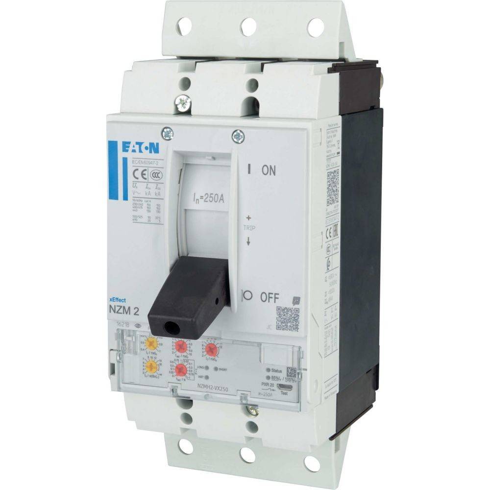 Leistungsschalter NZM 2 von Eaton, mit einer Nennstromstärke von 250A. Ausgestattet mit EIN/AUS-Schalter, Produktetikett und Befestigungslöchern. Verwendet in elektrischen Systemen.