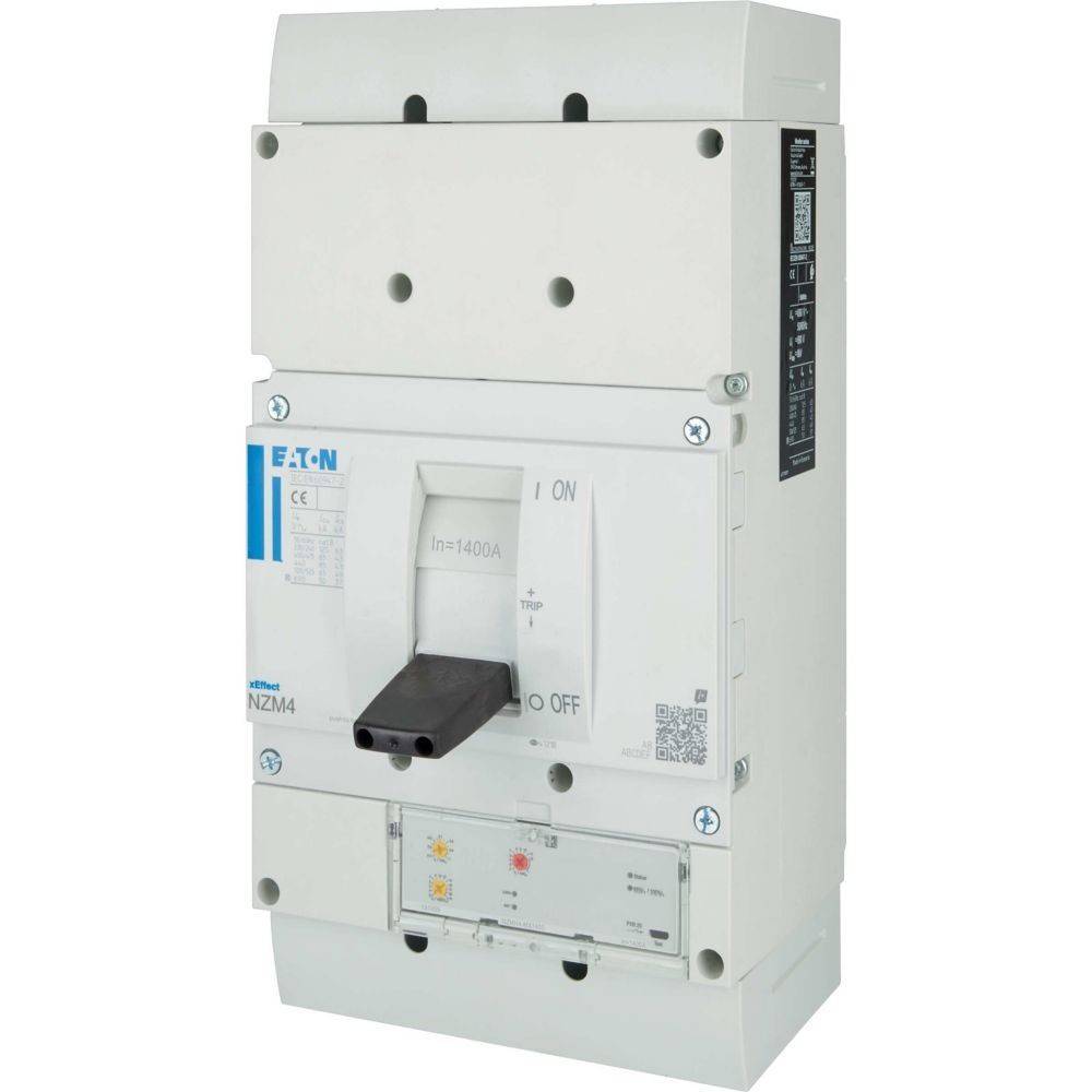 Ein weißer Eaton NZM4 Leistungsschalter mit einem großen Schalter, der mit 'EIN' und 'AUS' beschriftet ist, ausgelegt für 400A, verwendet zur Steuerung der elektrischen Stromversorgung.