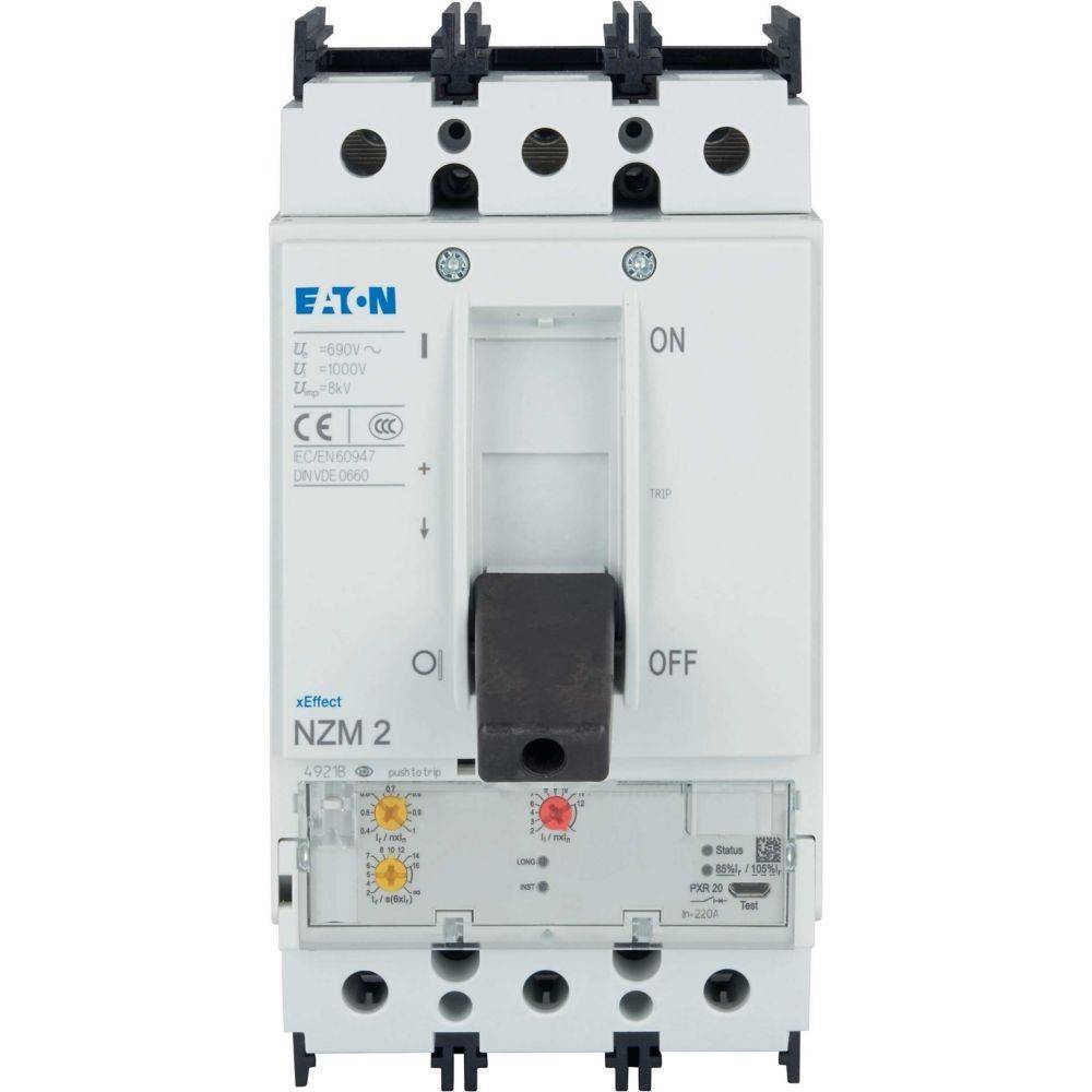 Eaton NZM 2 Leistungsschalter mit Ein-/Ausschalter, technischen Spezifikationen und Anschlussklemmen für elektrische Verbindungen.