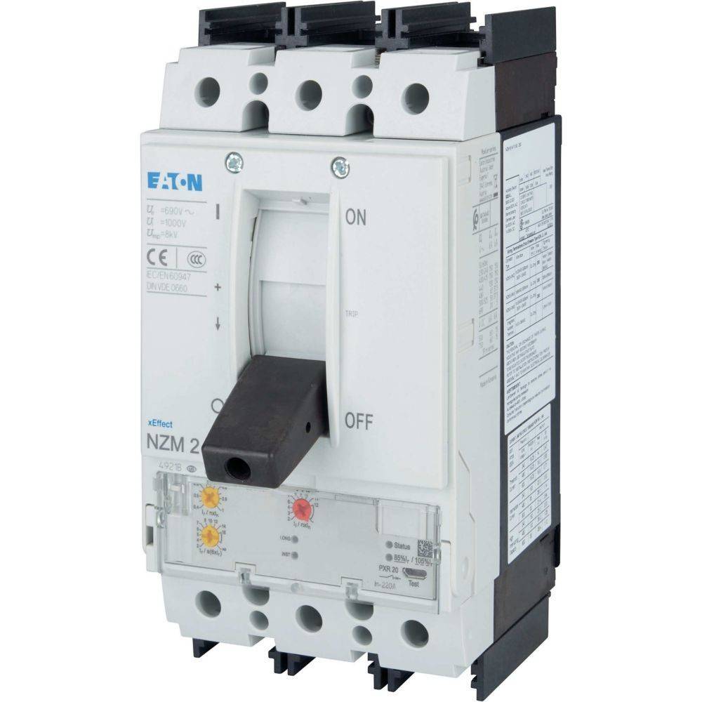 Rechteckiger Eaton NZM 2 Leistungsschalter, der die 'EIN'- und 'AUS'-Schalterpositionen und technische Details auf dem Seitenpanel zeigt.