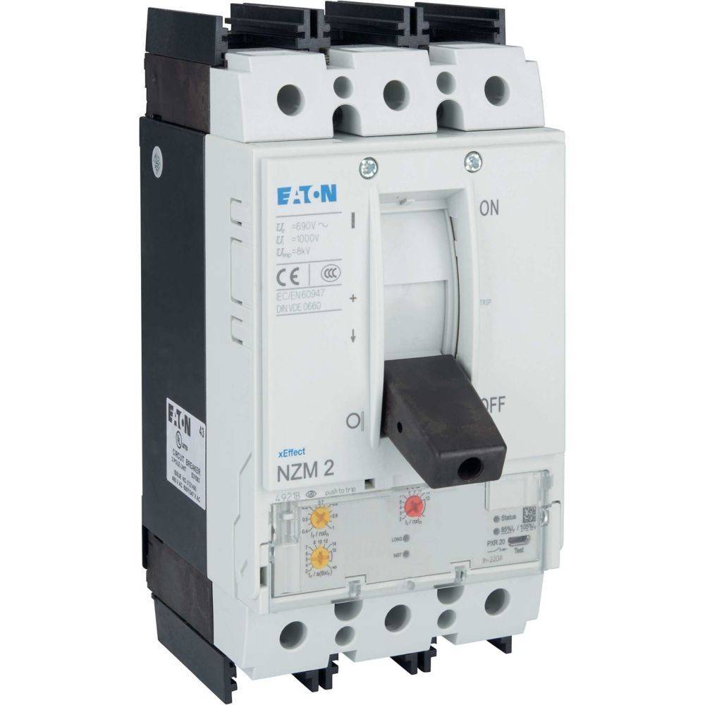 Eaton NZM 2 Leistungsschalter mit Ein/Aus-Schalter. Weißes Gehäuse mit schwarzen und roten Bedienelementen. Verwendet zur elektrischen Stromkreisabsicherung.