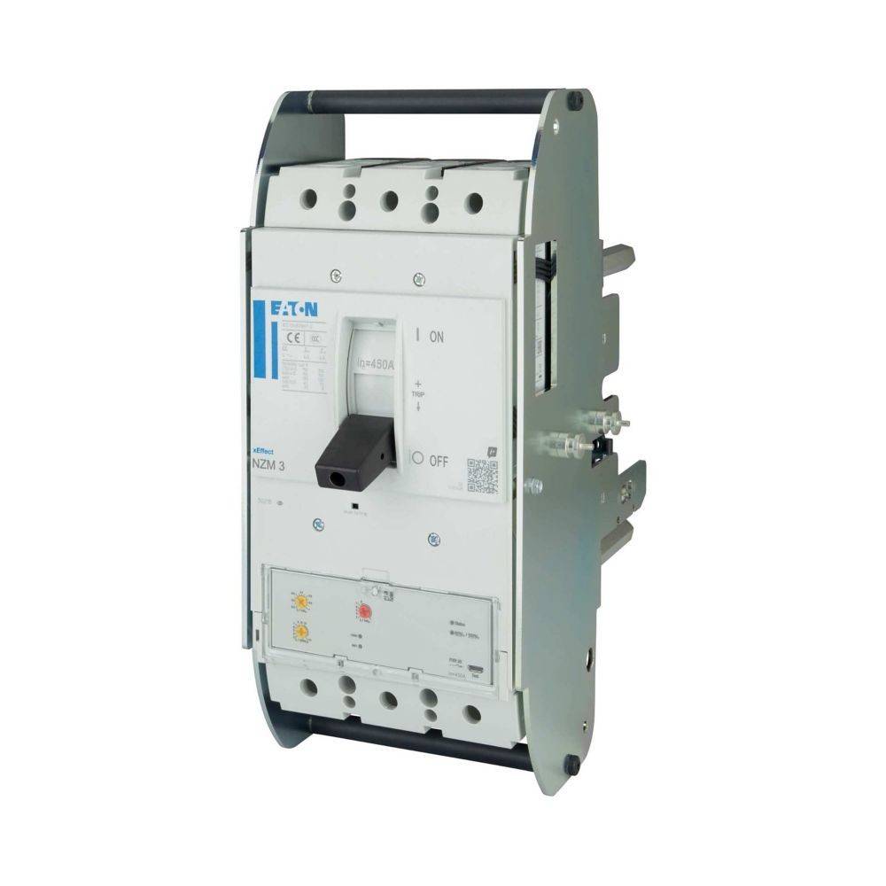 Ein grauer, rechteckiger elektrischer Schalter mit 'EIN' und 'AUS' Positionen. Er verfügt über blaue Markierung, ist für 400A ausgelegt und hat einen Hebelgriff.