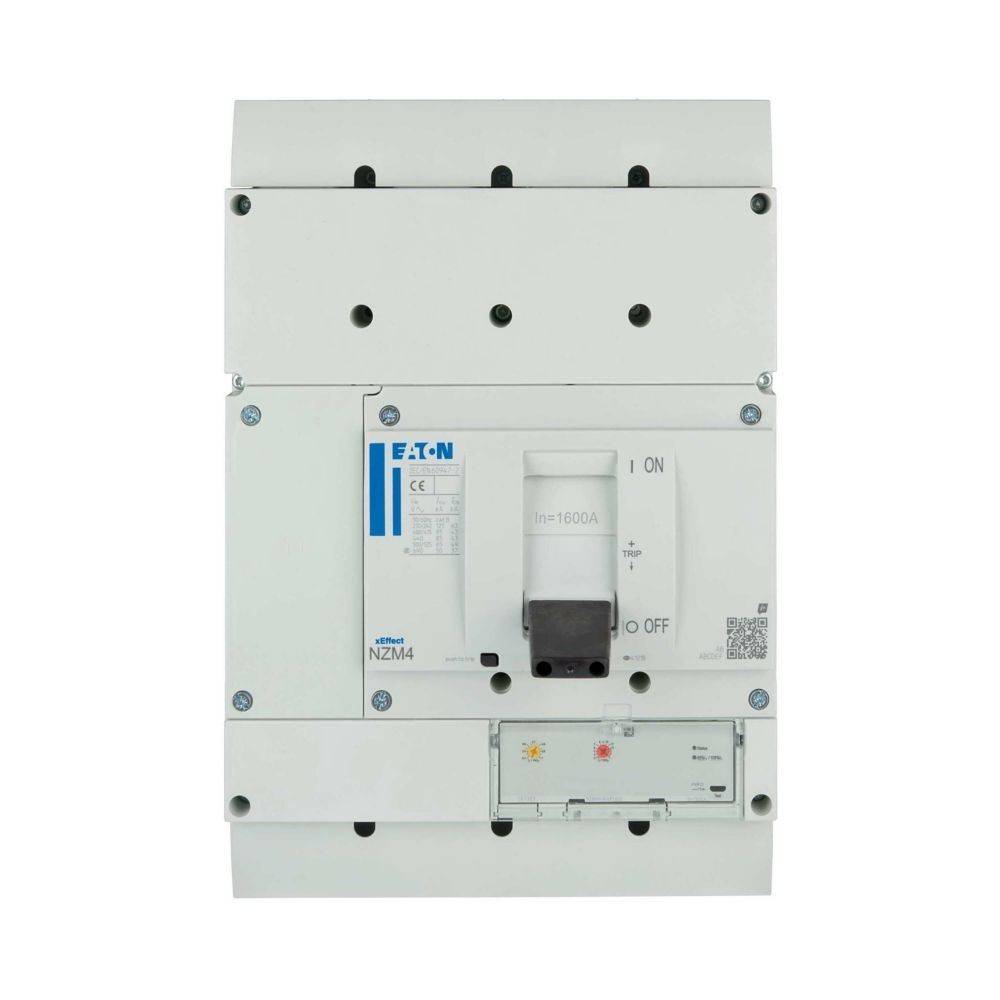 Ein weißer Eaton-Leistungsschalter mit der Beschriftung 'NZM4', der Positionen für EIN und AUS aufweist und für elektrische Sicherheit und Steuerung ausgelegt ist.