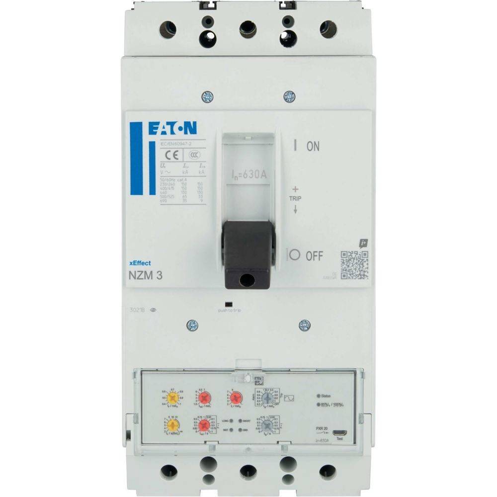Ein elektrischer Leistungsschalter mit der Bezeichnung 'Eaton NZM 3', der auf der Vorderseite Ein-, Aus- und Auslösungseinstellungen mit einer Nennstromstärke von 630A anzeigt.