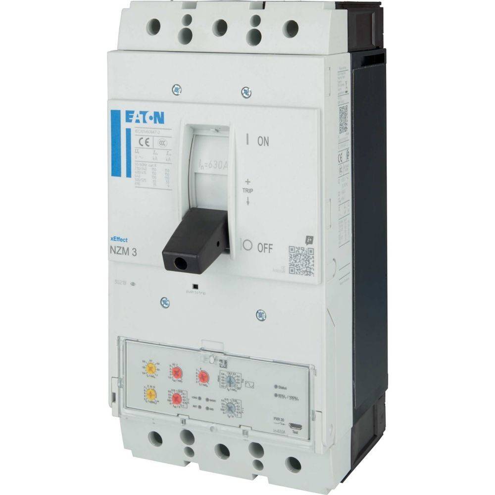 Eaton NZM 3 Leistungsschalter, mit Ein-/Aus-Schalter, Anzeigen und Modellspezifikationen, verwendet für elektrischen Leitungsschutz.