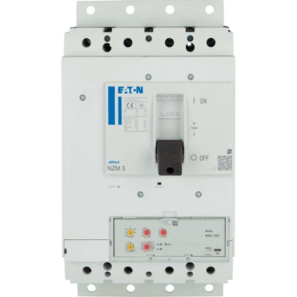Eaton NZM 3 Leistungsschalter mit Ein-/Ausschalter, mehreren Steuerungstasten und Kontrollleuchten auf einem weißen Panel für elektrische Systeme.