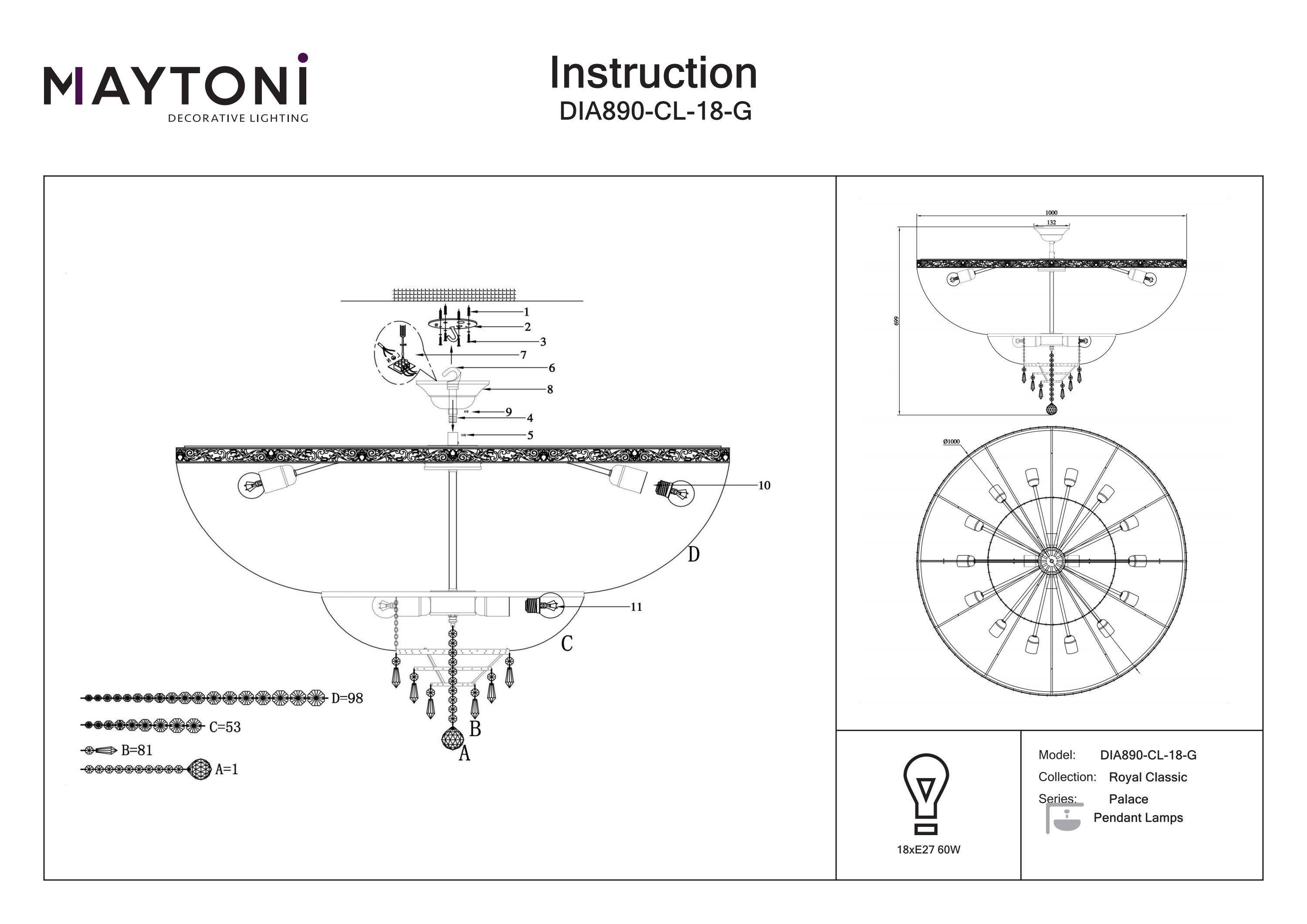 Maytoni Moderne Kronleuchter Palace 18xE27 excl. in Gold aus Metall 60 W für Küche, Schlafzimmer, Wohnzimmer, Esszimmer, Lobby
