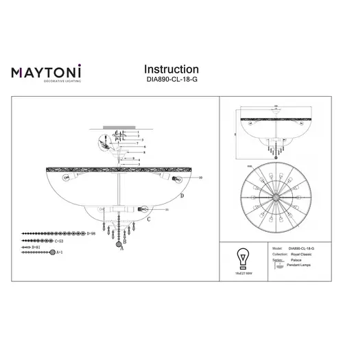 Maytoni Moderne Kronleuchter Palace 18xE27 excl. in Gold aus Metall 60 W für Küche, Schlafzimmer, Wohnzimmer, Esszimmer, Lobby Maytoni Moderne Kronleuchter Palace 18xE27 excl. in Gold aus Metall 60 W für Küche, Schlafzimmer, Wohnzimmer, Esszimmer, Lobby