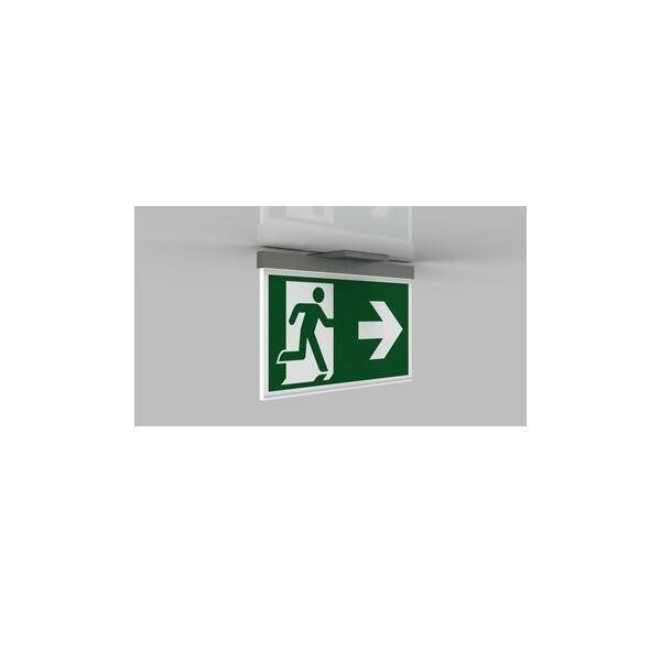 Fluchtwegeschild mit einer laufenden Figur und einem nach rechts weisenden Pfeil, der die Richtung zum Notausgang anzeigt.