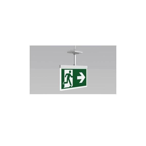 Notausgang-Schild mit einer Person, die eine Tür durchschreitet, und einem Pfeil, der nach rechts zeigt, der die Richtung für die Evakuierung angibt.