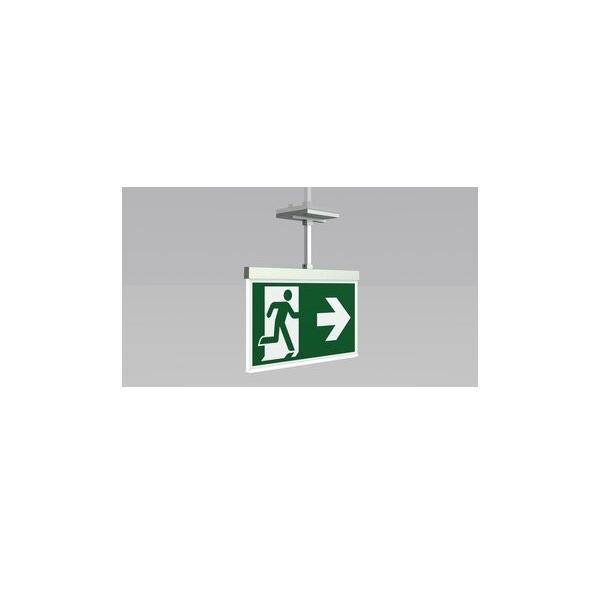 Deckenmontiertesː Fluchtwegeschild mit einem Symbol einer Person, die auf einen nach rechts weisenden Pfeil zulaufend dargestellt ist, wobei die Richtung zum Ausgang angezeigt wird.