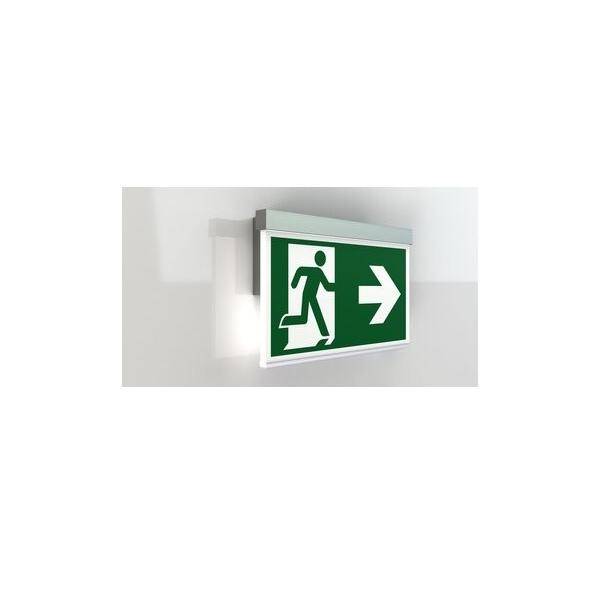 Notausgang-Schild mit einer laufenden Figur und einem Pfeil nach rechts, der die Richtung zum Ausgang anzeigt.