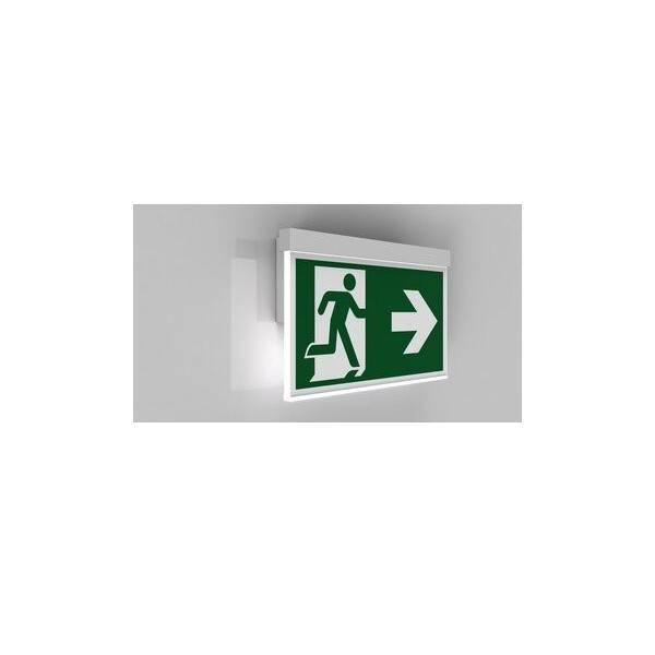 Ein Notausgangsschild, das eine Person zeigt, die nach rechts läuft, mit einem Pfeil, der nach rechts weist, auf einem grünen Hintergrund.