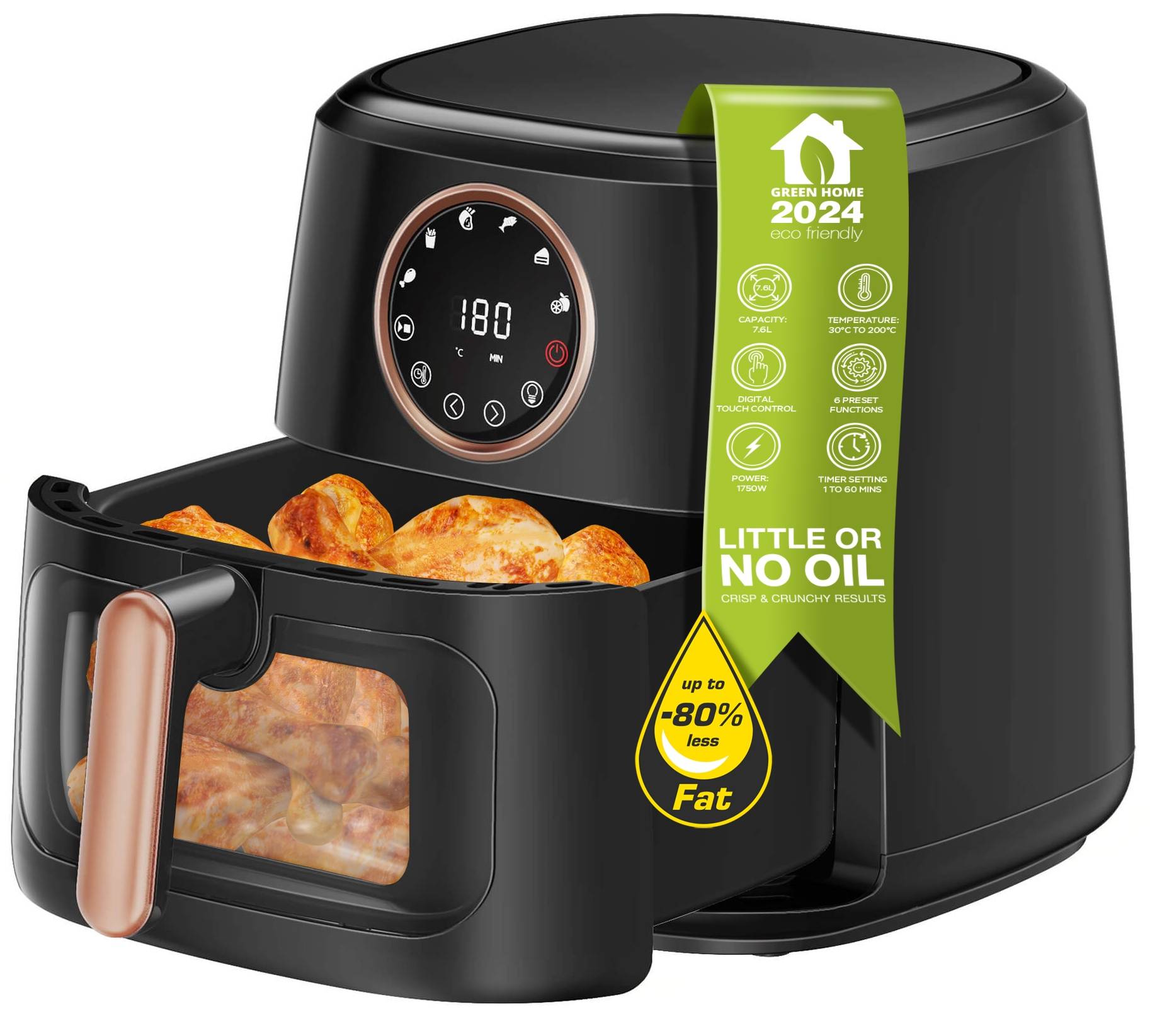 Heissluftfritteuse XL 7,2 Liter, 1750W, digitale XL Heißluftfritteuse, 8 Programme, Airfryer, Fritteuse ohne Fett / Öl, 30°C - 200°C Luftfritteuse