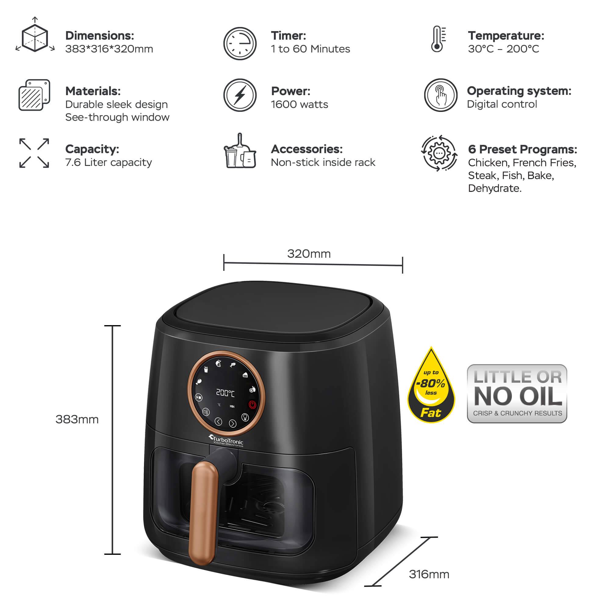 Heissluftfritteuse XL 7,2 Liter, 1750W, digitale XL Heißluftfritteuse, 8 Programme, Airfryer, Fritteuse ohne Fett / Öl, 30°C - 200°C Luftfritteuse