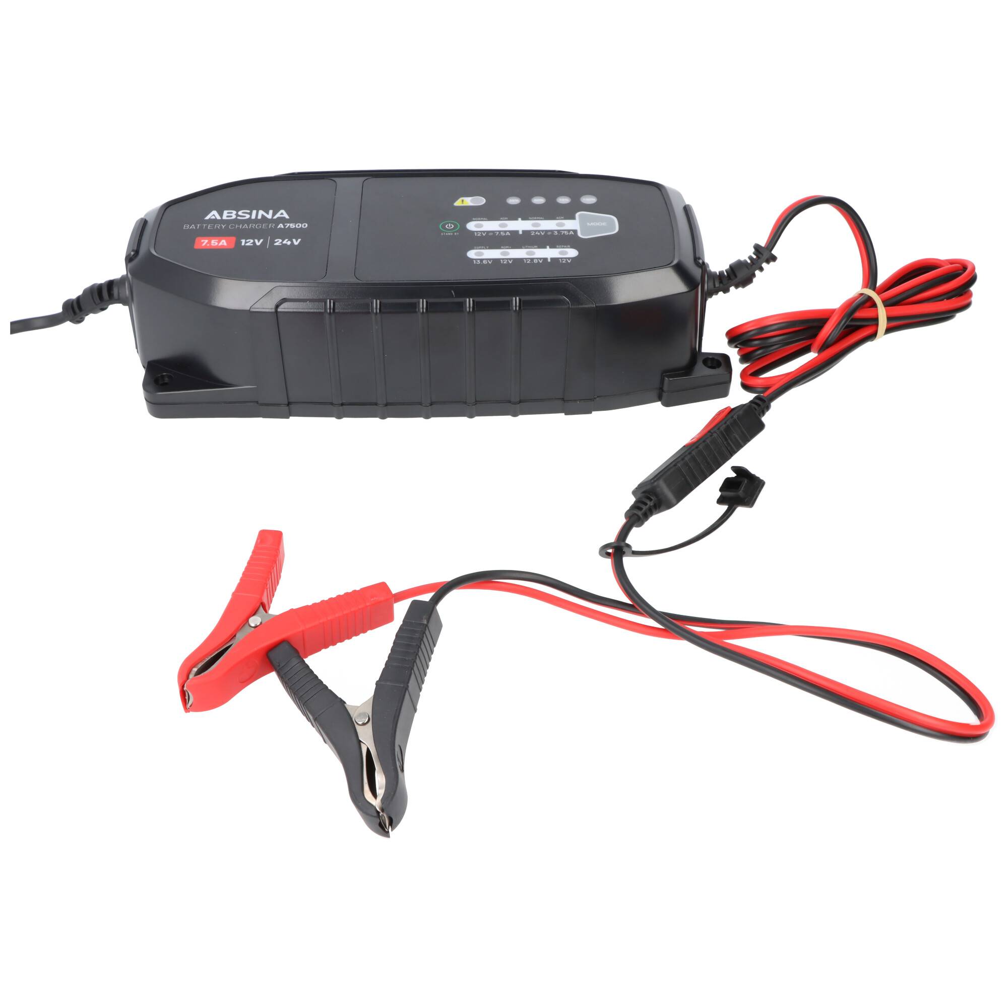 Absina Ladegerät A7500, Ladegerät für 12-24V Blei- und LiFePO4 Akkus, max. Ladestrom 7,5A, ideal für Auto, Motorrad, Woh