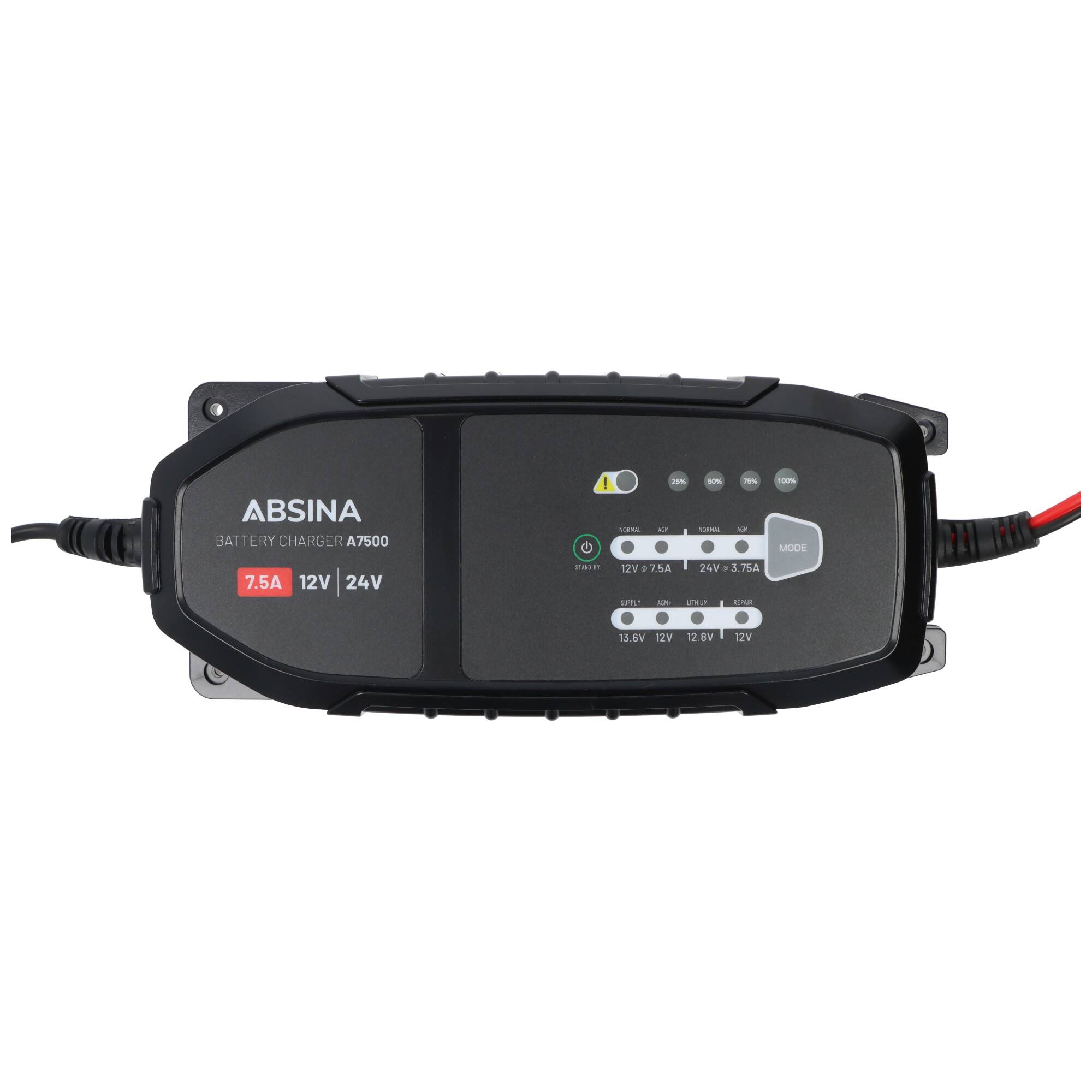 Absina Ladegerät A7500, Ladegerät für 12-24V Blei- und LiFePO4 Akkus, max. Ladestrom 7,5A, ideal für Auto, Motorrad, Woh
