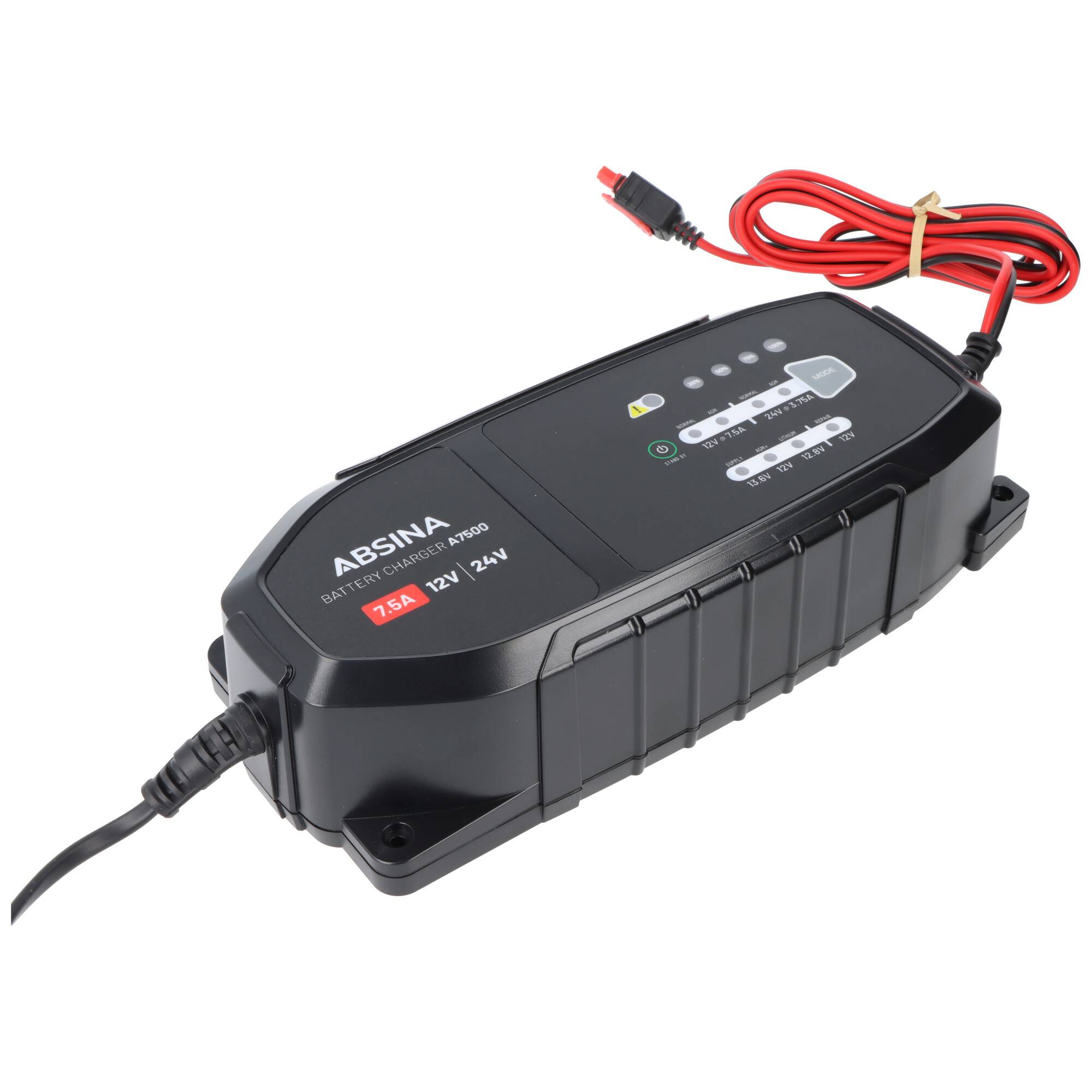Absina Ladegerät A7500, Ladegerät für 12-24V Blei- und LiFePO4 Akkus, max. Ladestrom 7,5A, ideal für Auto, Motorrad, Woh