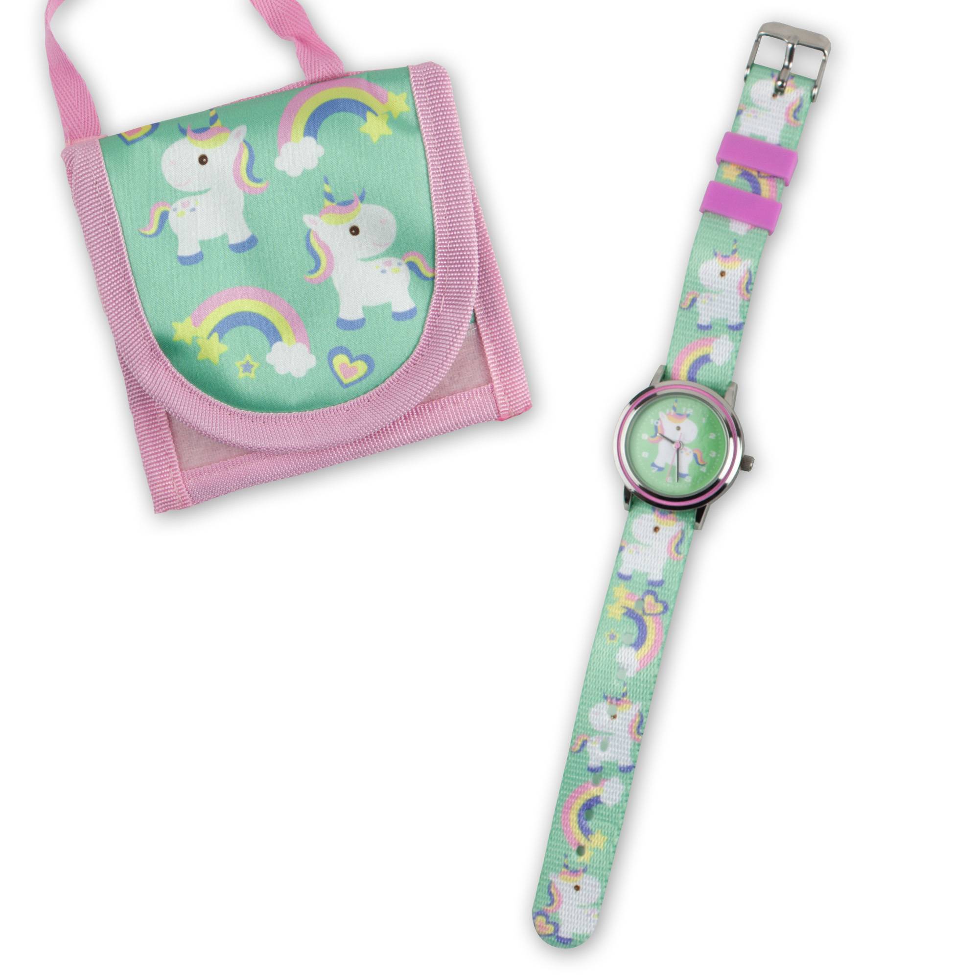 Kinderarmbanduhr mit Brustbeutel Textilarmband Einhornmotiv für Mädchen Einschulung