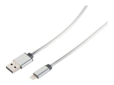 Ein silbernes USB-zu-Lightning-Kabel, das zum Laden und Datentransfer verwendet wird, liegt vor einem weißen Hintergrund.