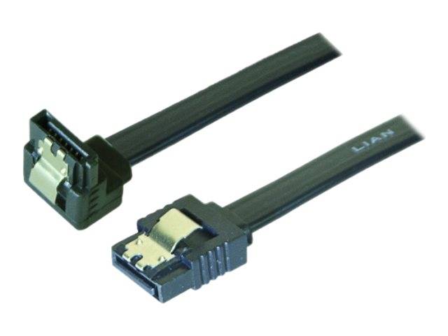 Ein schwarzes SATA-Kabel mit einem Winkelstecker an einem Ende und einem geraden Stecker am anderen Ende, das für den internen Datentransfer in Computern verwendet wird.