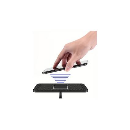 Hand hält ein Smartphone über einem kabellosen Ladegerät, mit blauen Signallinien, die das Laden anzeigen.