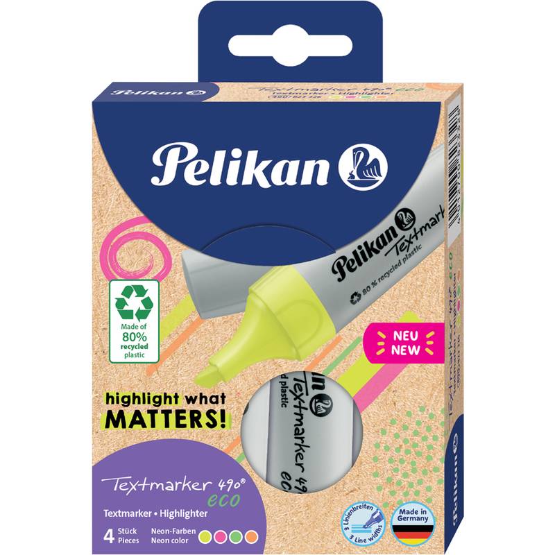 Pelikan Textmarker 490 eco, 4er Etui Neon-Farben