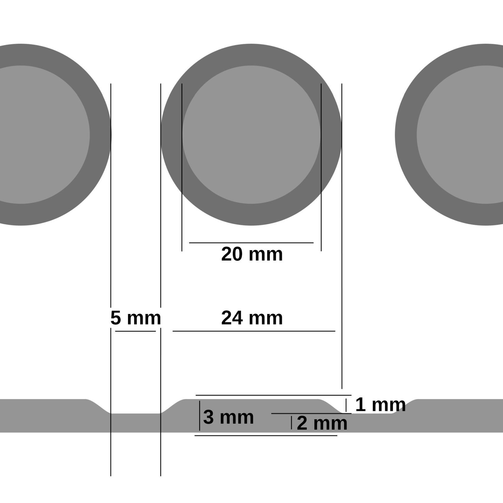 Technisches Abmessungsdiagramm mit kreisförmigen Teilen und einem gestuften Profil mit gekennzeichneten Abmessungen 5 mm, 20 mm, 24 mm, 3 mm, 2 mm und 1 mm.
