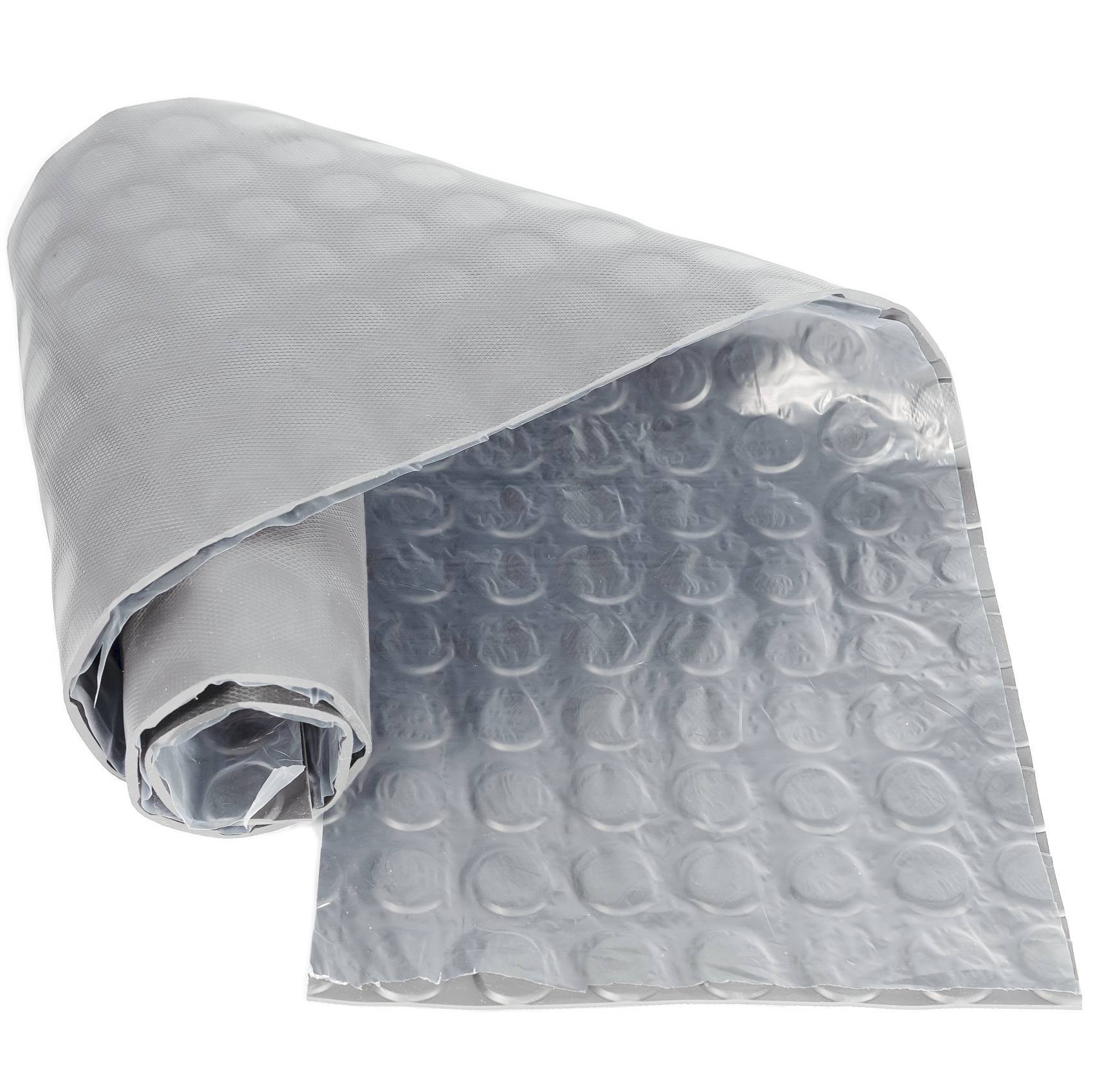 Aufgerolltes Silber-Luftpolsterfolie-Isolierblatt mit reflektierender Blasenoberfläche und schützender Außenschicht.