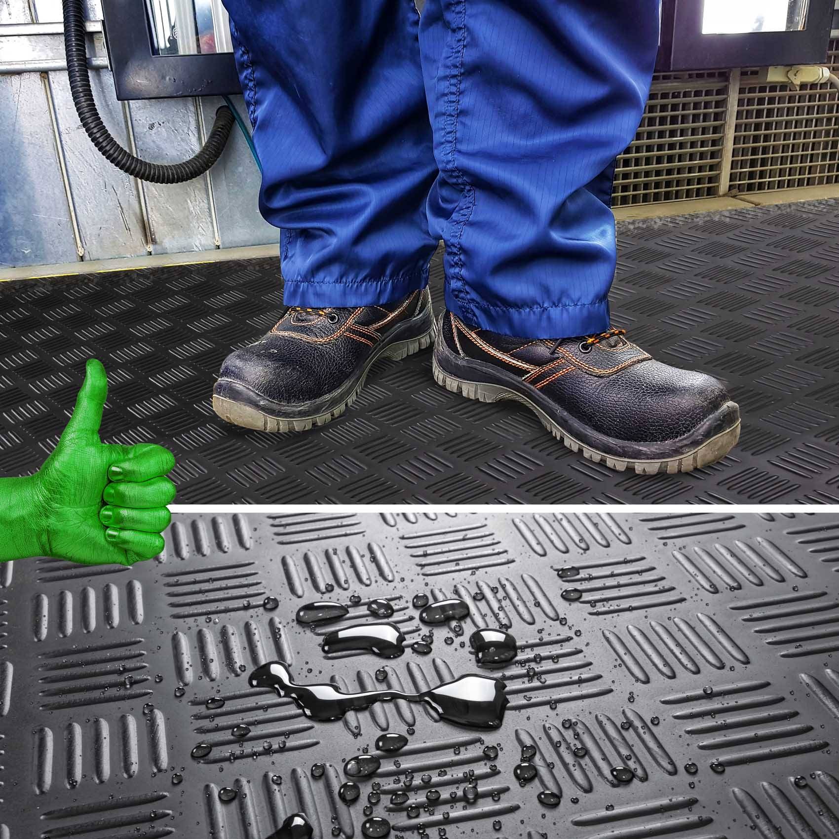Arbeitsschuhe auf einem strukturierten Boden über einem geteilten Bild, das einen grünen Daumen nach oben und schwarze Flüssigkeitstropfen auf der Matte zeigt, was auf Verschüttungsresistenz oder Sicherheit hindeutet