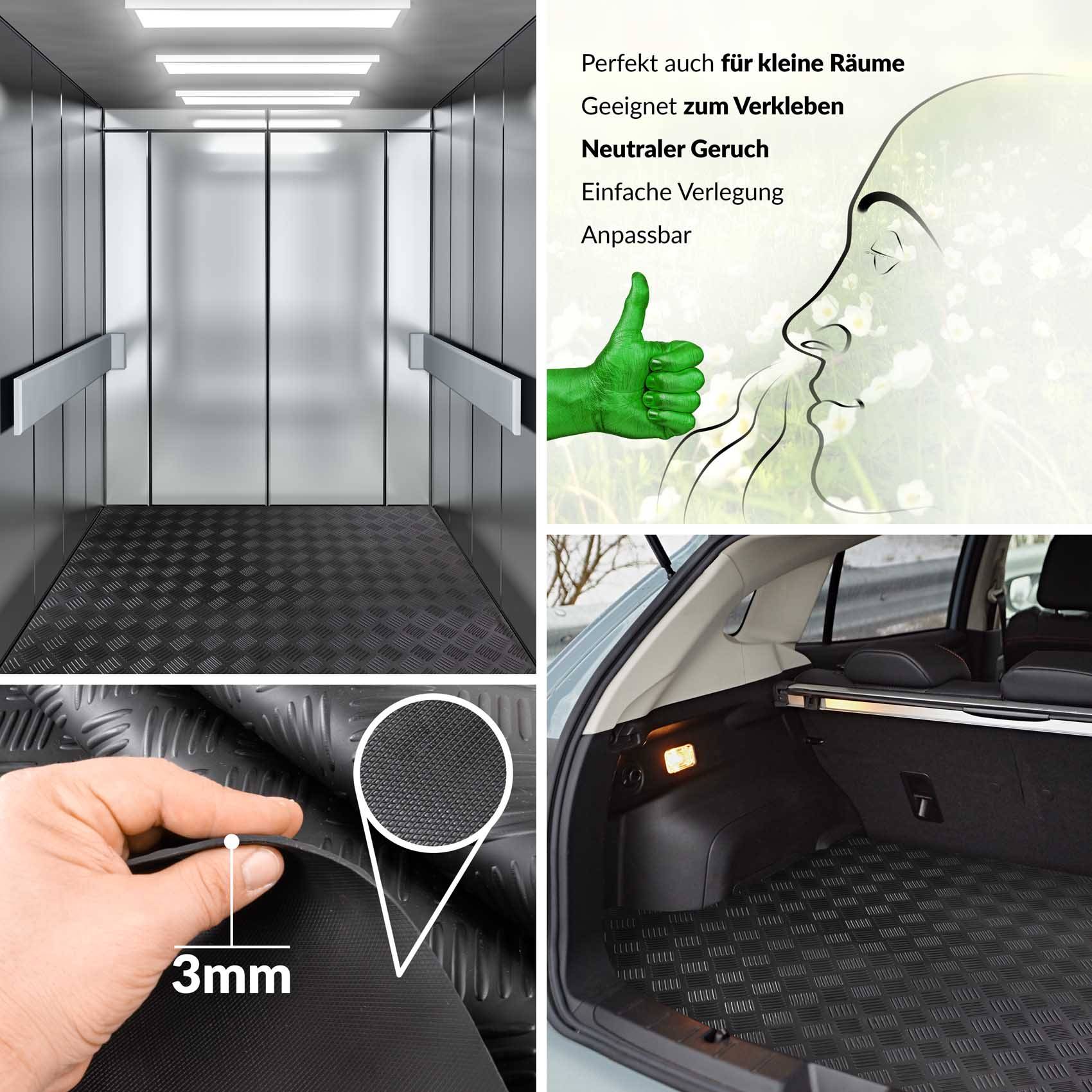 Kollage zeigt einen schwarzen strukturierten Bodenbelag, der in einem Aufzug und Autokofferraum verlegt ist, mit Nahaufnahme, die die 3-mm-Dicke zeigt, und deutschem Text, der einfache, geruchslose und anpassungsfähige Klebstoffanwendung für kleine Räume bewirbt.